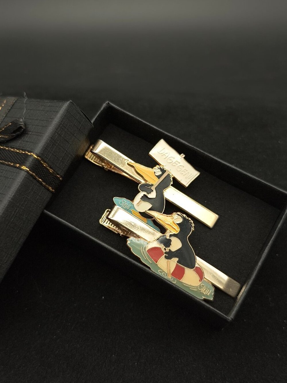 Vintage Uli Stein & Gerd Koch Gold Tone Cartoon Tie Clip Lot of 2